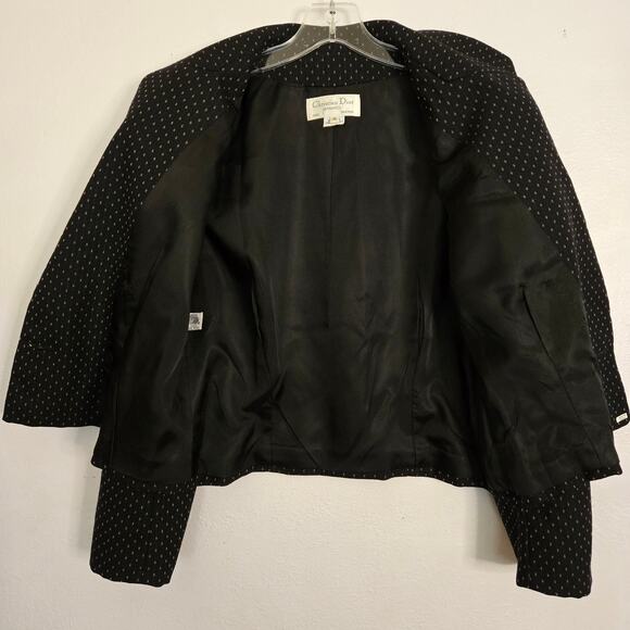 Vintage Christian Dior 80s Wool Blazer 6 Black White Dot Cropped Double Breasted - Picture 3 of 14